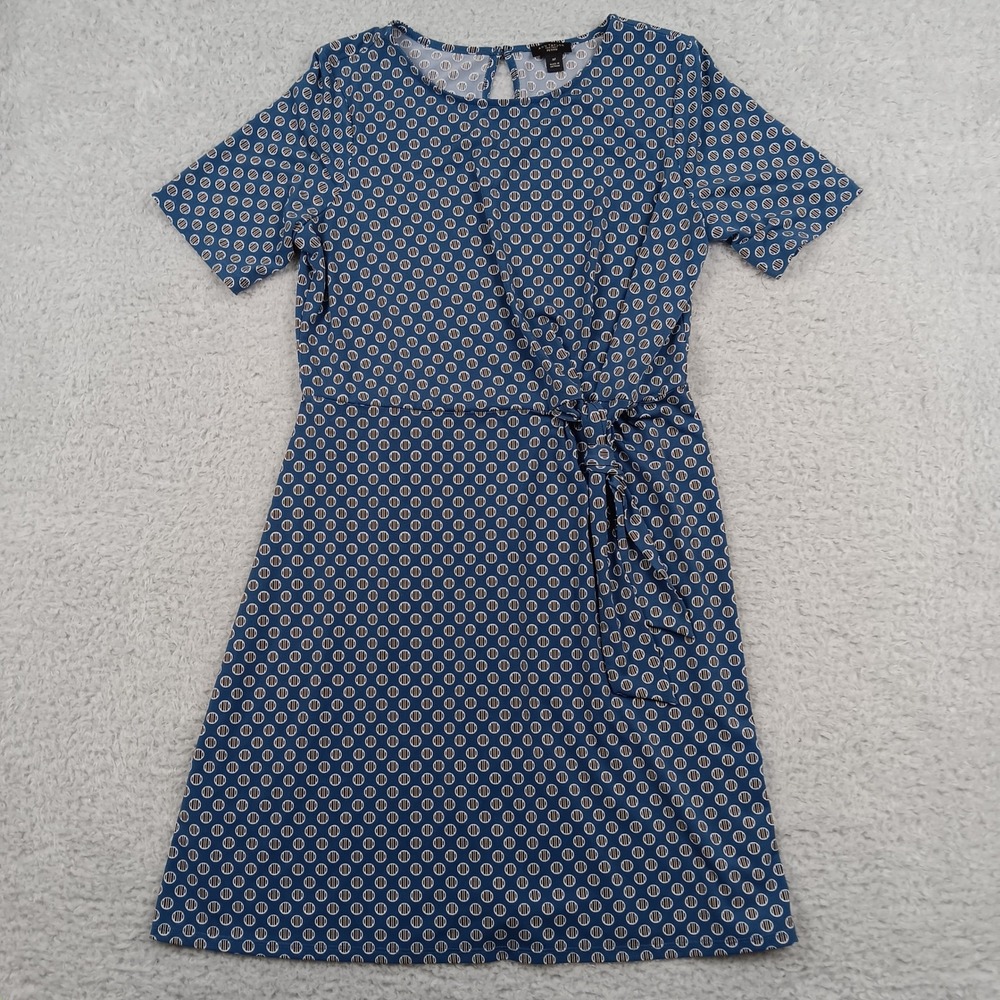 Ann Taylor Factory Dress Women MP Blue Geometric Side Tie Short Sleeve 502459